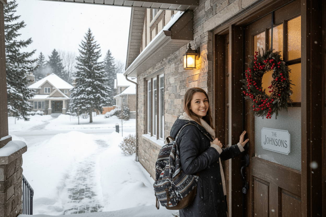 A person at a front door in winter